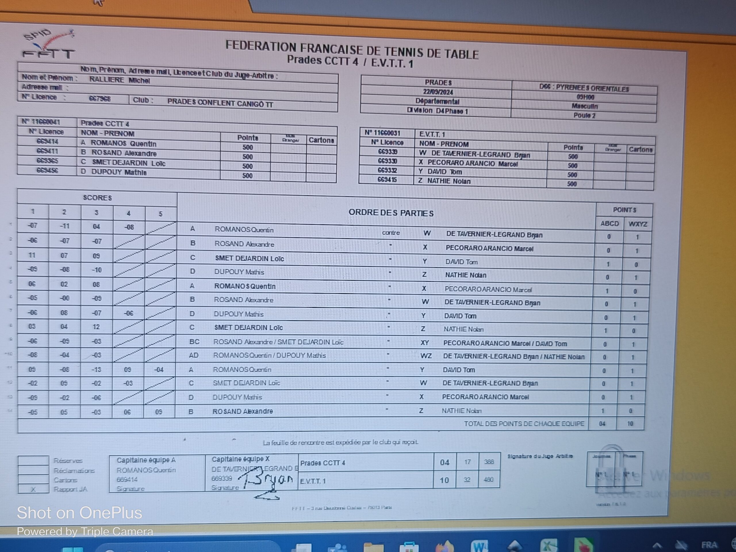 Résultats feuille de match J1 équipe 4 2024