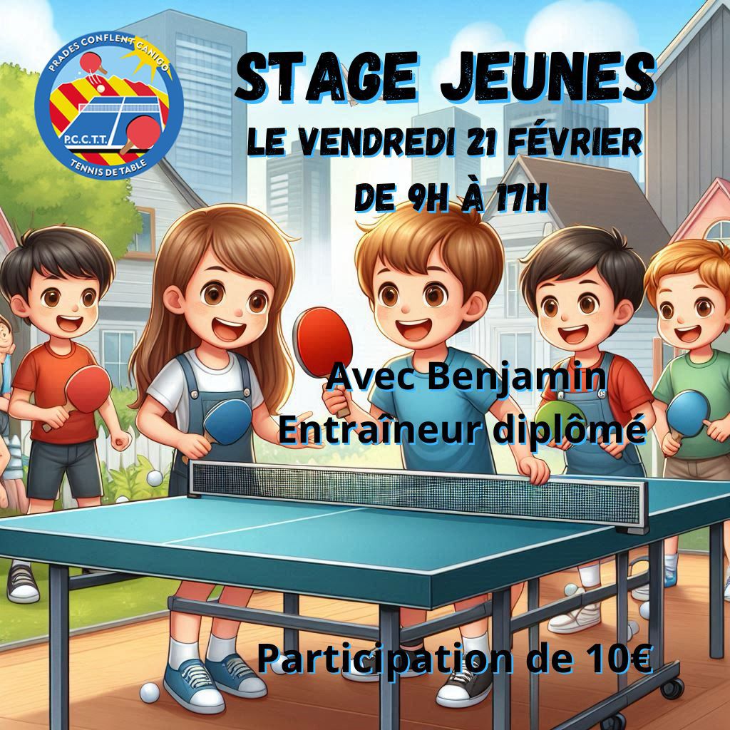 Affiche pour le stage jeunes de tennis de table dispensé le vendredi 21 février de 9h à 17h, au PCCTT. On y voit une illustration d'enfants souriant autour d'une table de tennis de table en extérieur.